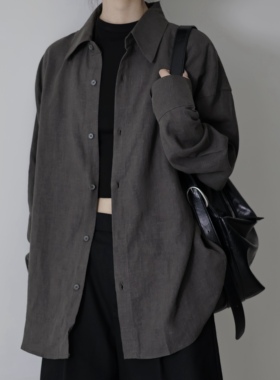 AIRROOM复古通勤感长袖苎麻衬衫高级感显瘦宽松灰色百搭上衣外套