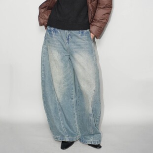 长裤 美式 显瘦宽松休闲裤 AIRROOM男女分割复古水洗做旧牛仔弯刀裤
