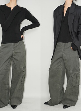 AIRROOM水洗做旧街头复古工装裤休闲宽松痞帅无性别飘带设计长裤