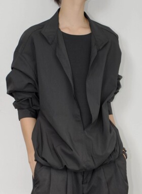 AIRROOM高智感纯色拼接假两件长袖衬衫百搭宽肩极简圆领衬衣上衣