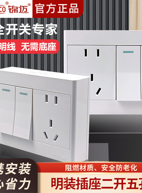 锦迈明装超薄二开五孔开关带十孔插座家用单双控白金灰色大板面板