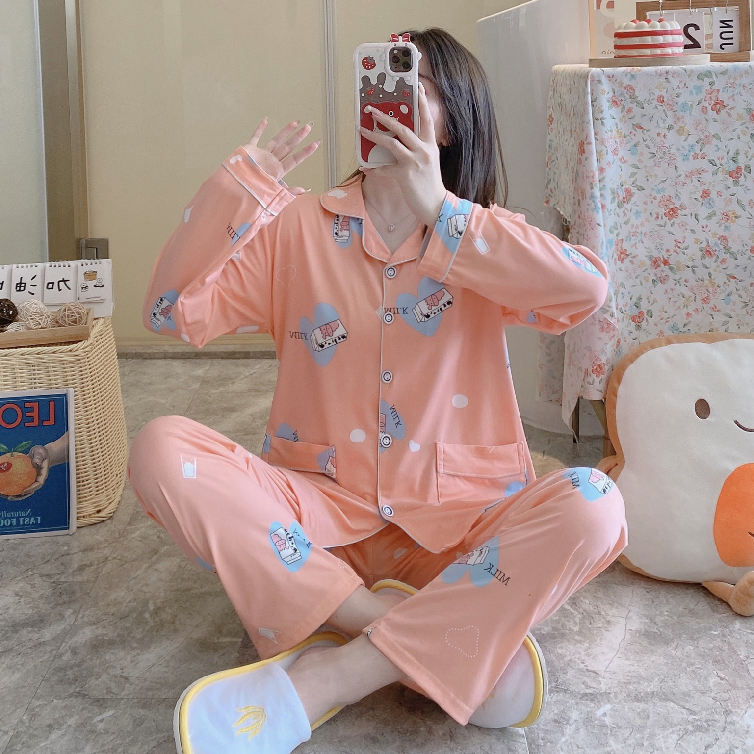 睡衣女春秋季纯棉长袖开衫韩版宽松大码可外穿家居服秋冬薄款套装