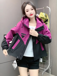 宽松百搭连帽拼色休闲风衣潮 韩版 冲锋衣外套女202春秋季 新款