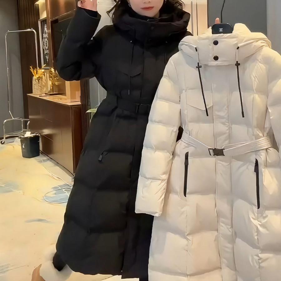 韩版哑光长款连帽收腰显瘦棉服