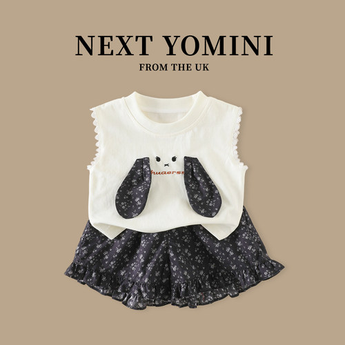英国NEXT YOMINI 女宝宝套装夏季婴幼儿卡通无袖衫女童短裤两件套