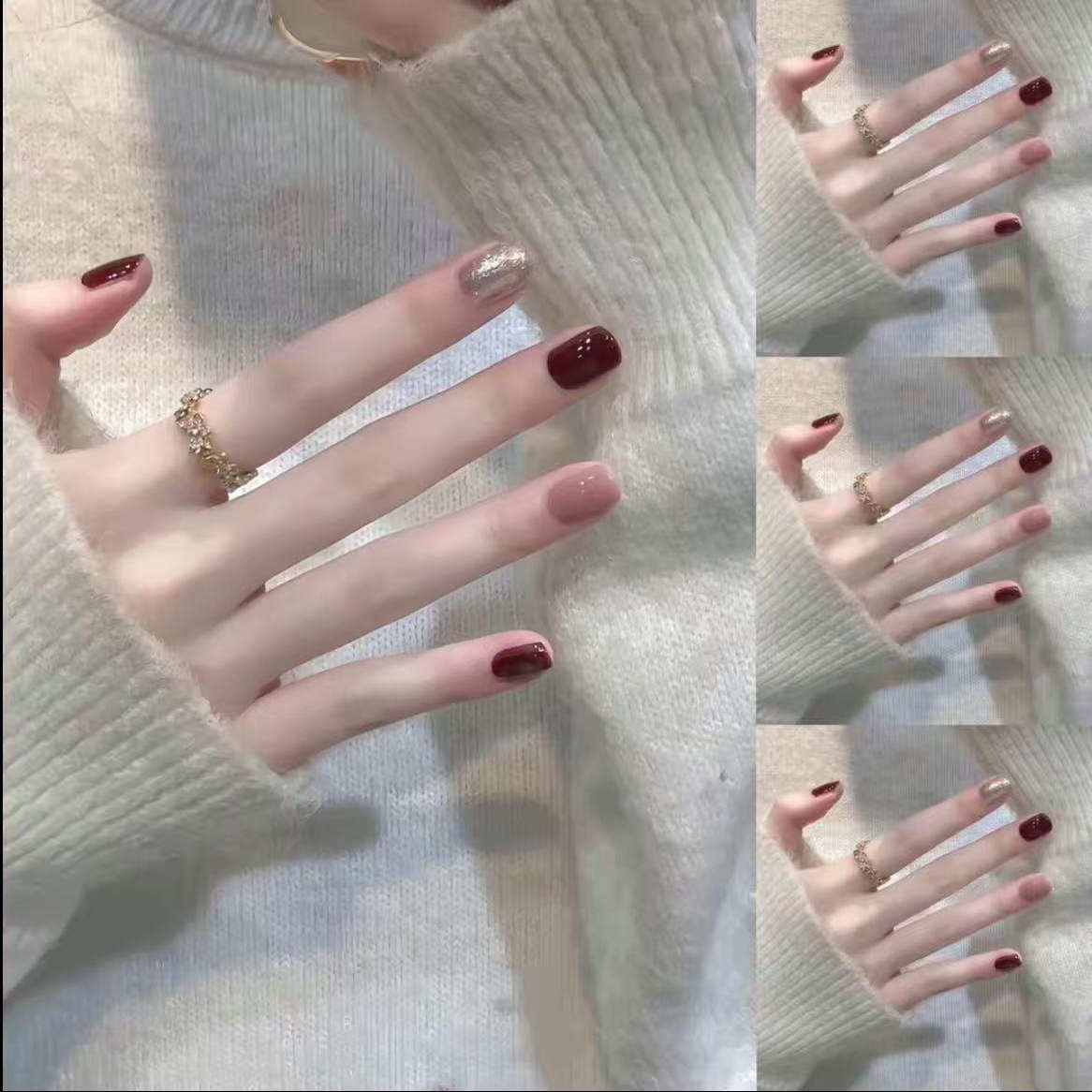 纯手工穿戴甲秋冬新款纯色跳色纯欲气质短款美甲跳色极简可爱显白