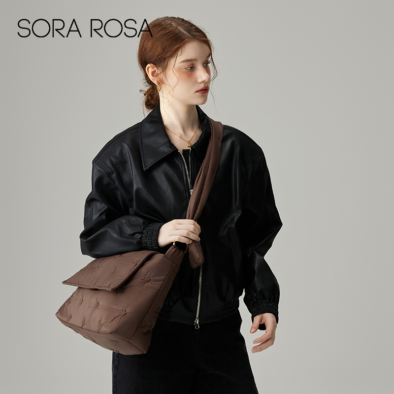 SORA ROSA斜挎大包美拉德风复古轻质绗缝单肩云朵包褶皱老钱风