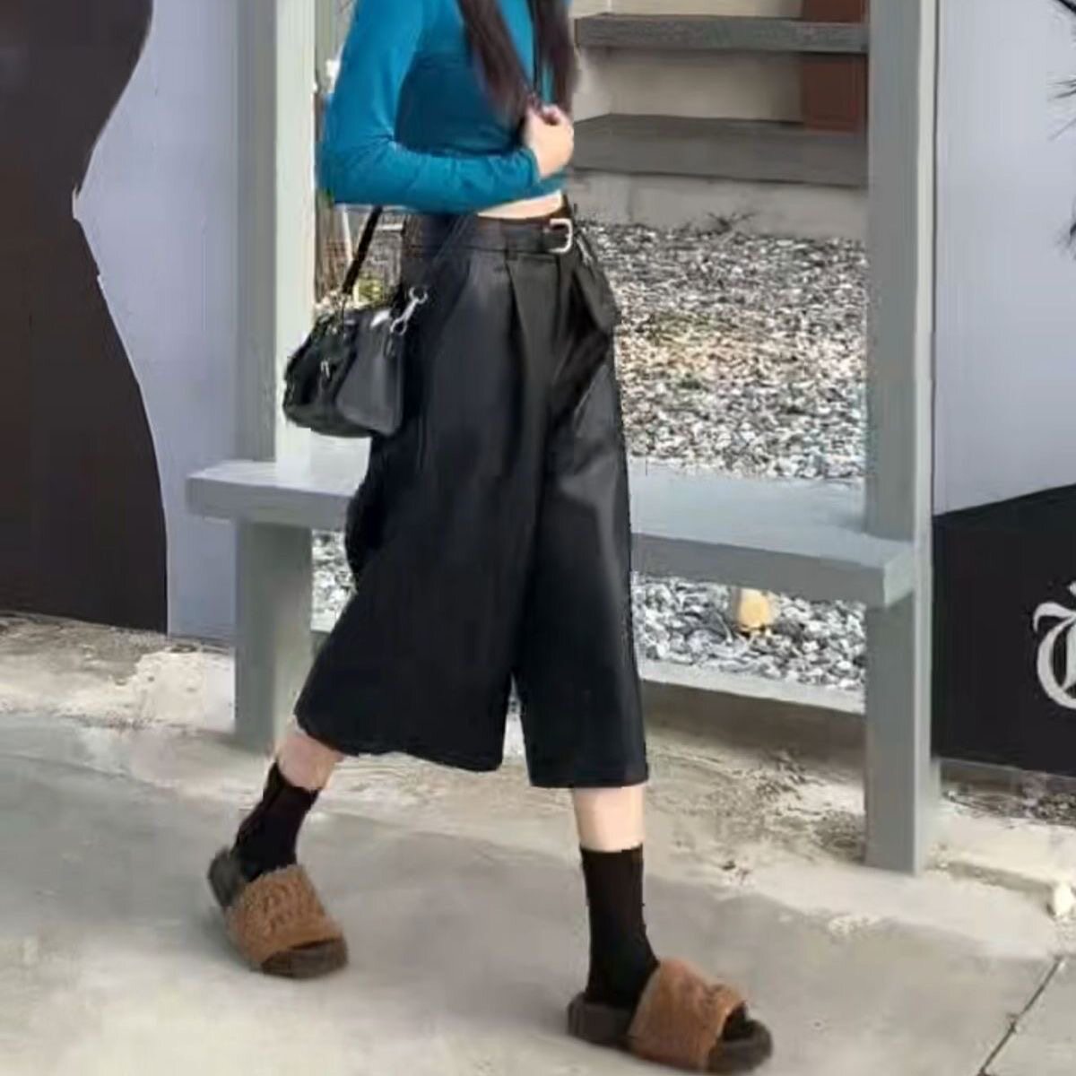 高腰七分皮裤女小个子pu皮休闲裤