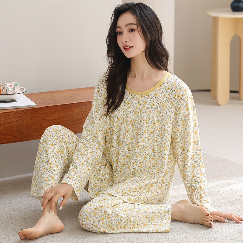 时尚妈妈碎花女款睡衣春秋新款纯棉长袖长裤中老年人婆婆家居服冬