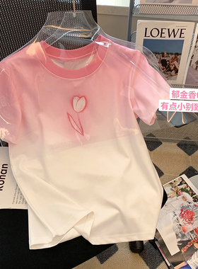 捡漏纯棉2025年夏季浅粉色郁金香圆领短袖inst恤女装设计感上衣潮