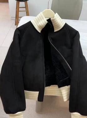 冬季韩版黑色短款羊羔毛外套夹克冬季奢华女洋气上衣时髦减龄保暖