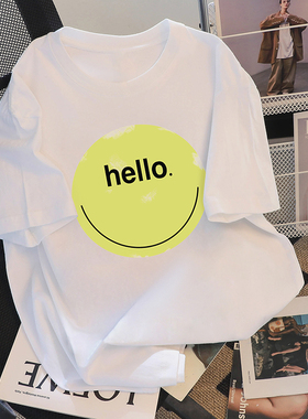 捡漏夏装新款法式百搭笑脸小众T恤女中长款宽松显瘦情侣上衣ins潮
