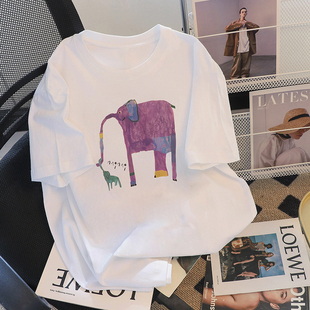 短袖 洋气半袖 体恤男女 卡通T恤欧货百搭早秋白色宽松韩版 显瘦大码