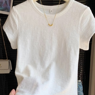 韩系正肩小众设计感肌理感修身短袖T恤女夏季修身圆领不撞款上衣
