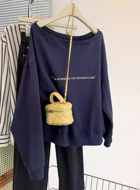 外贸原单尾货大牌慵懒风一字肩斜肩卫衣女深蓝色宽松薄款长袖上衣