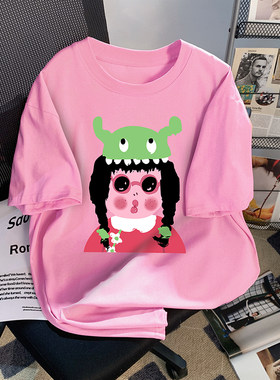 卡通印花甜美粉色短袖t恤女