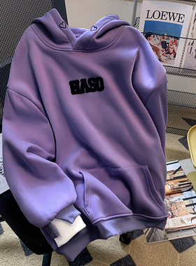 美式休闲情侣紫色连帽卫衣女加绒加厚字母刺绣长袖上衣高级感潮牌