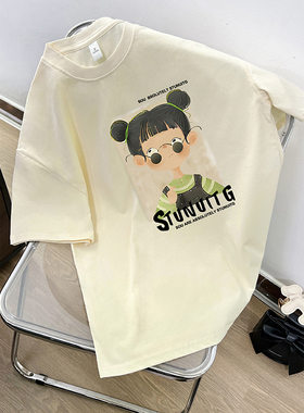 黄色纯棉短袖t恤男女潮牌宽松情侣装夏季港味复古chic半袖体恤衫