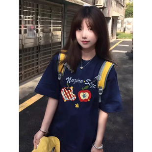 宽松型圆领韩版苹果印花短袖T恤女夏季藏青色宽松学生潮酷上衣