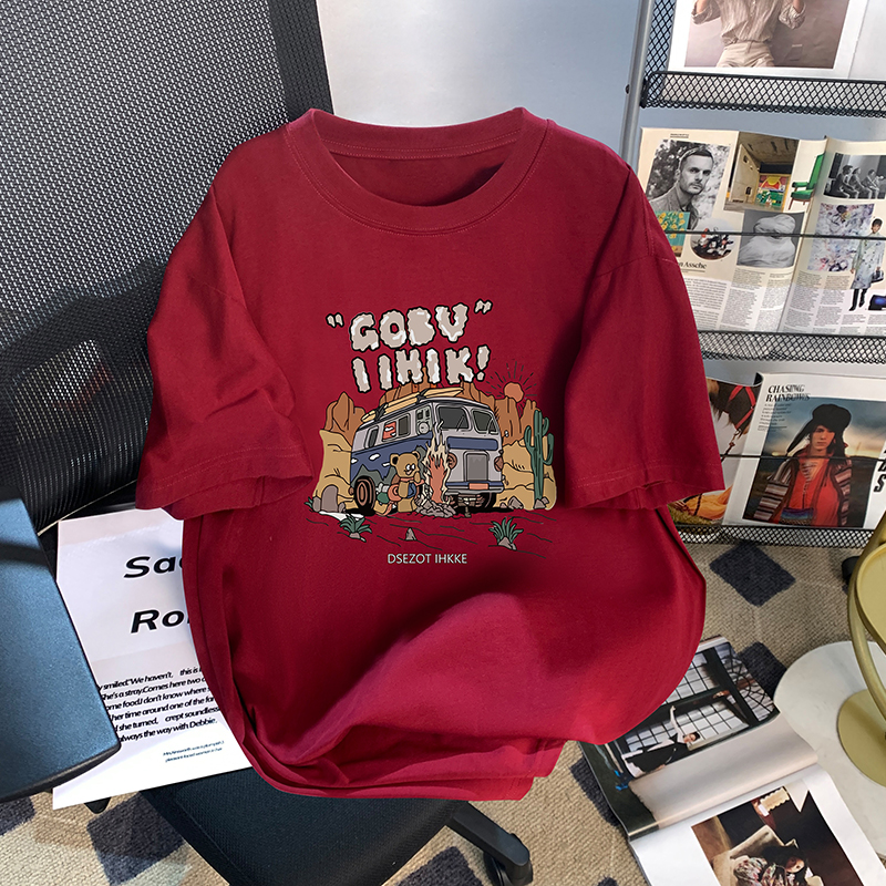 酒红色短袖t恤女夏季设计感小众