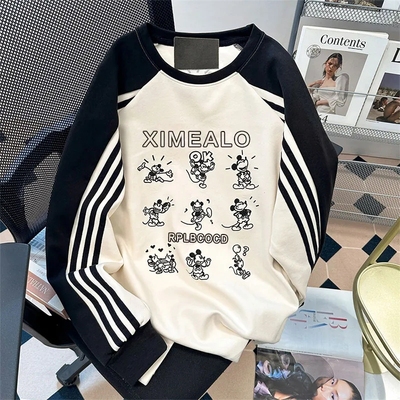 卡通刺绣长袖套头圆领白色卫衣女初秋韩系穿搭慵懒小个子无帽上衣