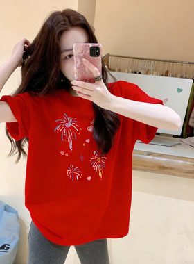 韩版设计感新年发字图案短袖T恤女宽松显瘦慵懒风百搭套头上衣潮