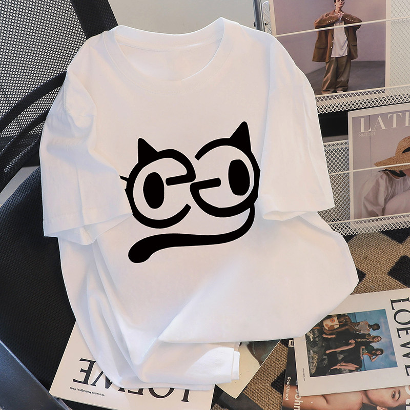 猫咪印花白色T恤女夏季韩版宽松