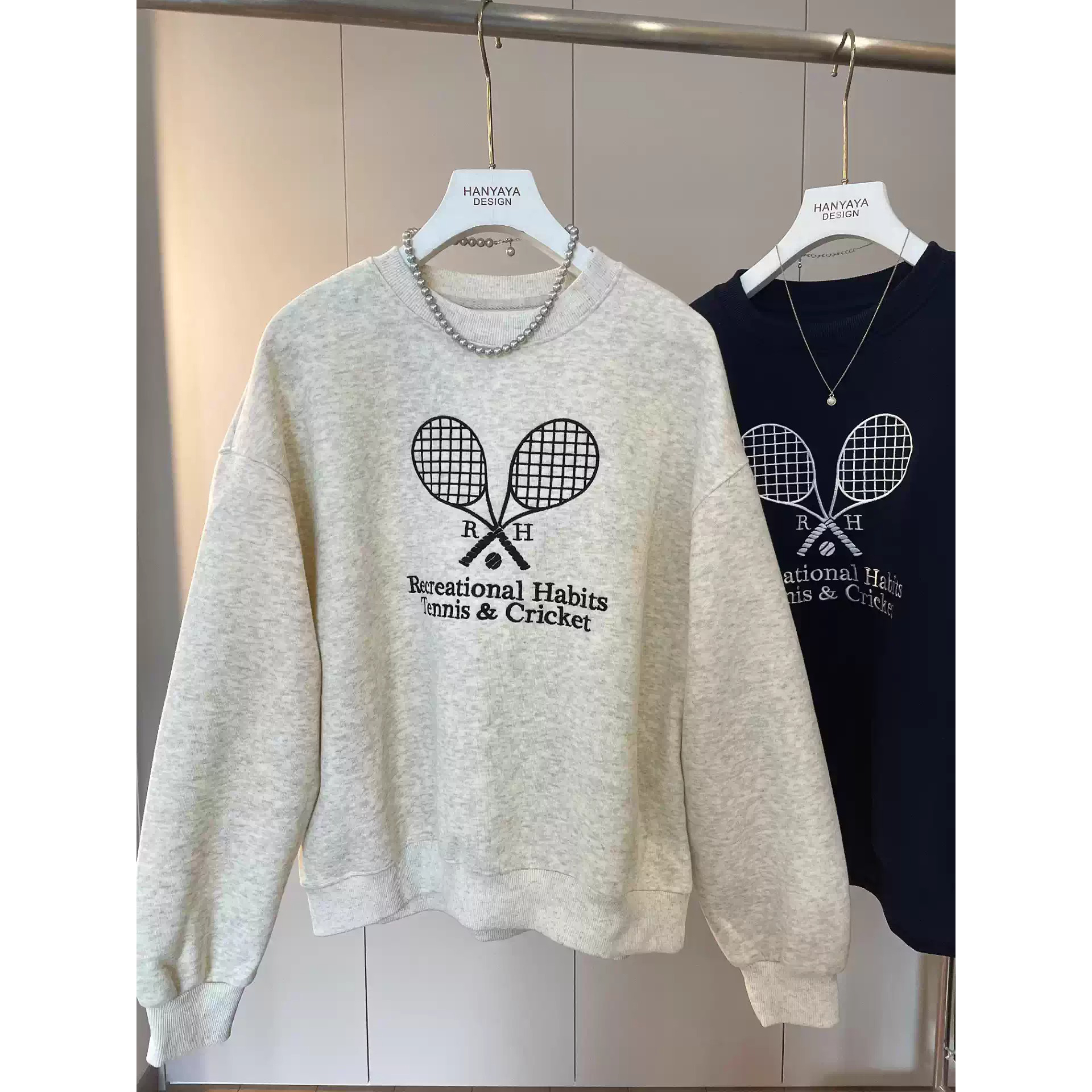 外贸原单尾货大牌韩版网球印花圆领卫衣男女宽松显瘦大码长袖上衣