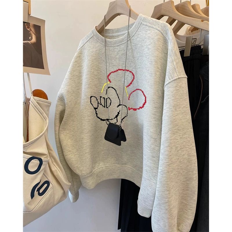 外贸原单尾货大牌美式卡通风印花卫衣女宽松圆领长袖遮肉显瘦上衣