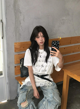 美式白色字母印花纯棉短袖t恤女夏季新款设计感宽松百搭显瘦上衣