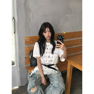 美式白色字母印花纯棉短袖t恤女夏季新款设计感宽松百搭显瘦上衣