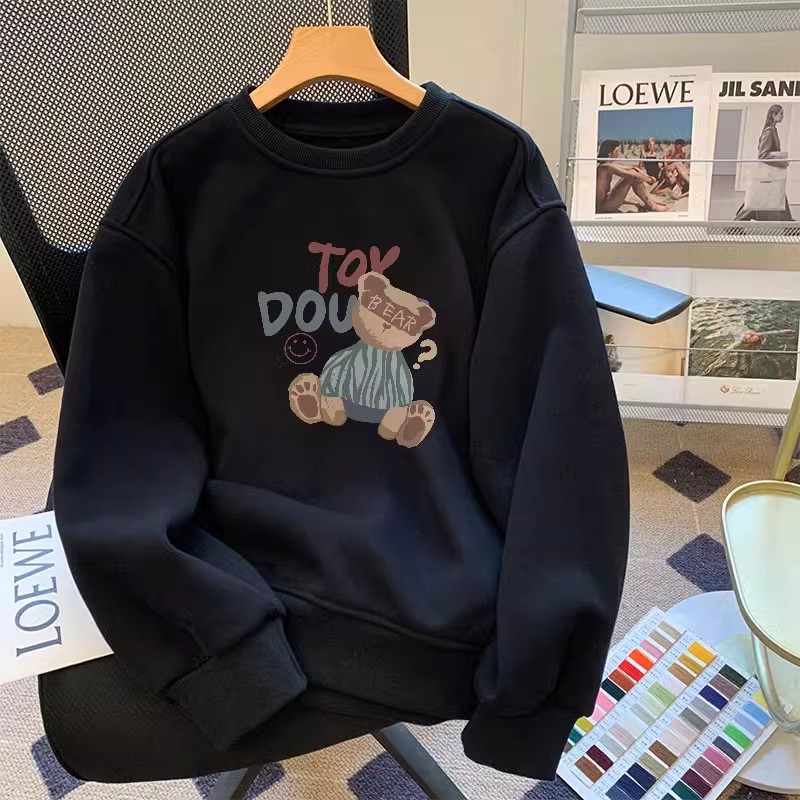 加绒长袖卫衣遮肚卡通风黑色圆领卫衣女长袖宽松大码小熊印花上衣