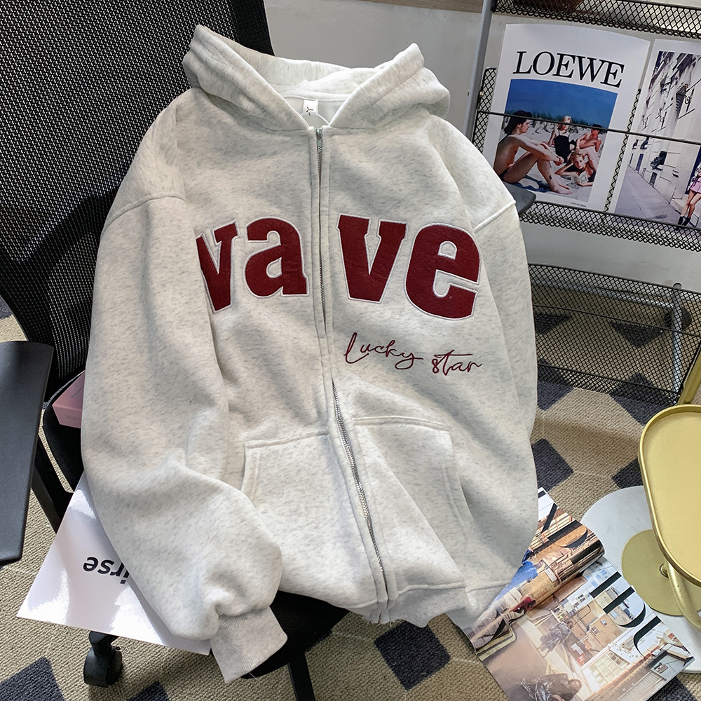 美式复古字母刺绣连帽卫衣女慵懒风宽松拉链开衫外套秋冬2025新款