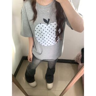 宽松圆领纯棉上衣 T恤女夏季 浅灰色男女通用韩版 波点苹果印花短袖