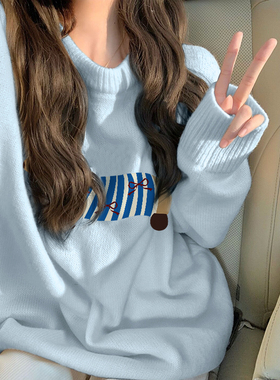 大牌衣服捡漏尾货清仓韩系天蓝色圆领毛衣女慵懒风软糯针织衫上衣