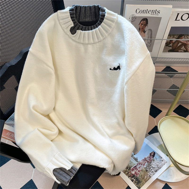 设计感领口撞色拼接假两件毛衣女春秋冬可外穿内搭叠穿针织衫上衣