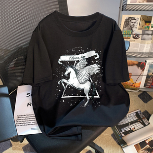 捡漏~下衣失踪黑色t恤女bf风港味韩范宽松独角兽印花打底衫上衣潮