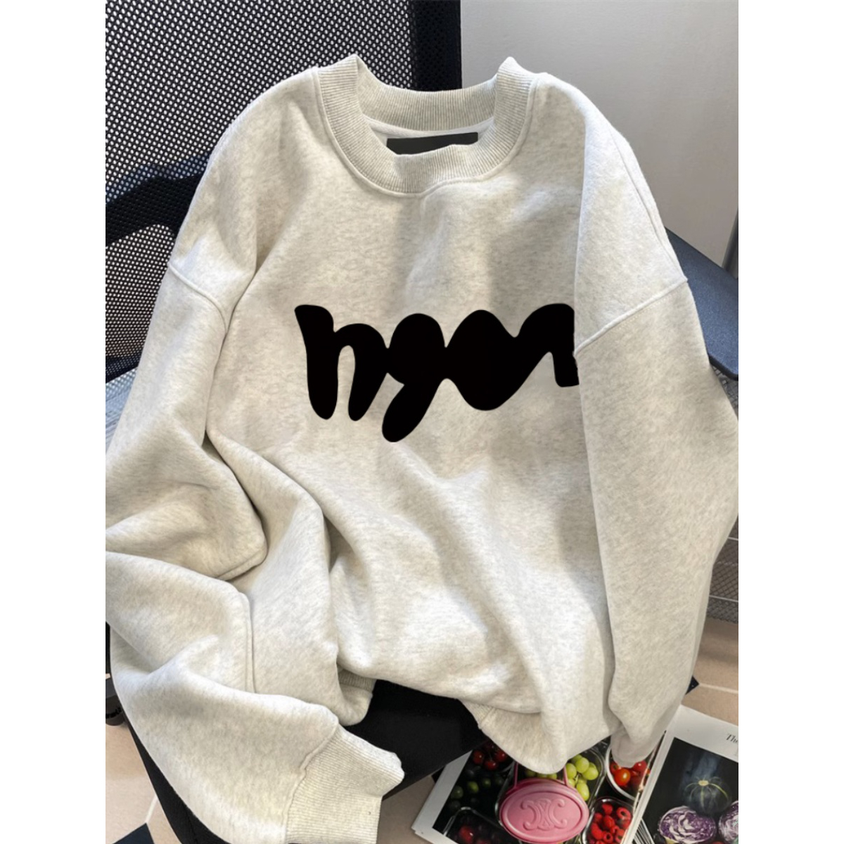 美式休闲慵懒风圆领卫衣男女oversize字母印花长袖内搭打底衫秋冬