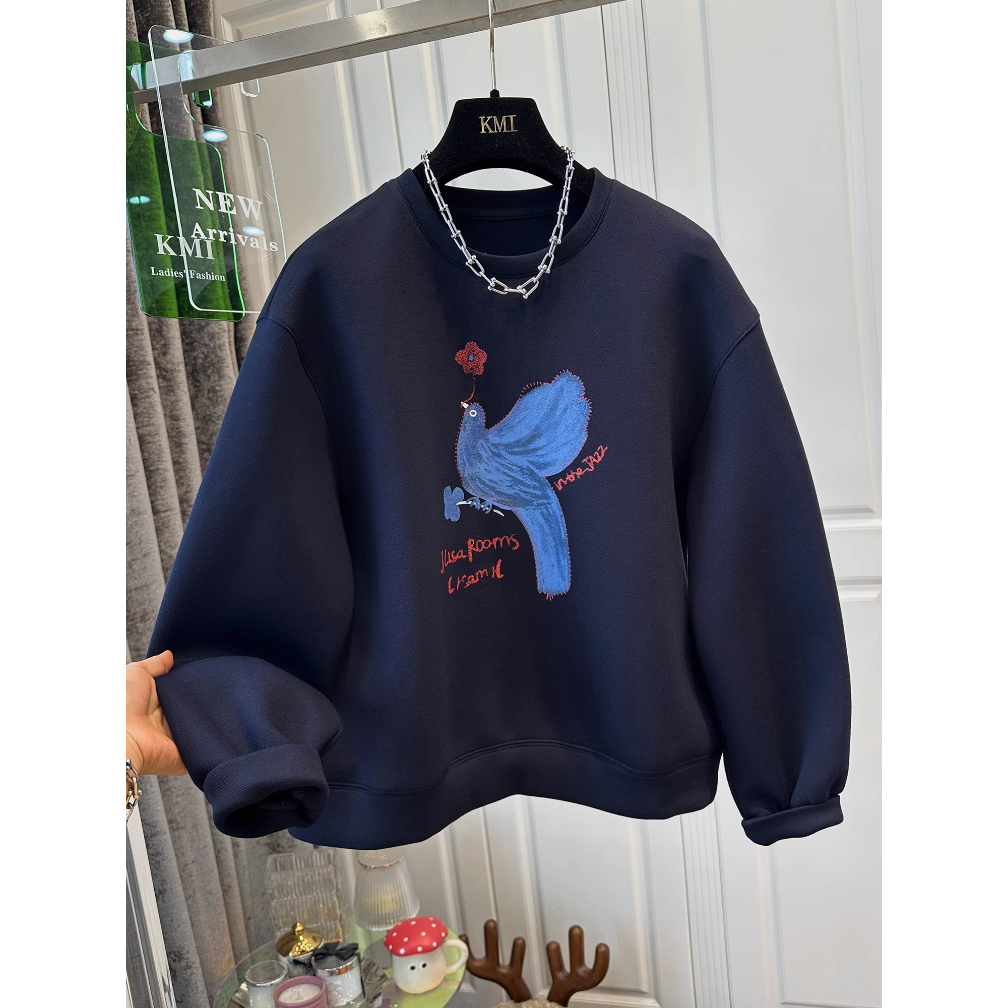 外贸原单尾货大牌韩版小鸟印花圆领宽松卫衣男女长袖减龄百搭上衣