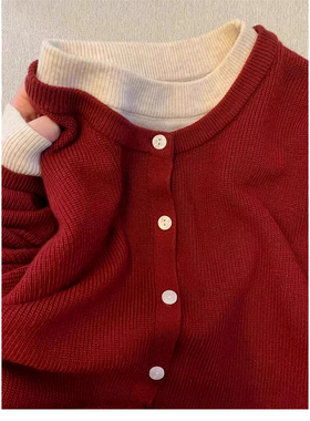 外贸原单尾货大牌高级感红色毛衣外套女慵懒宽松百搭假两件针织衫