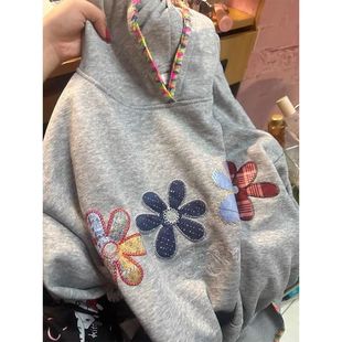 内搭 风大码 连帽衫 潮复古刺绣花朵灰色连帽卫衣女加绒oversize美式