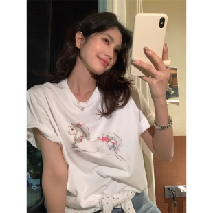 T恤女白色宽松百搭通勤休闲上衣夏季 纯棉圆领韩版 小马印花短袖