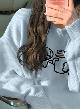 尾货原单外贸出口天蓝色卡通印花圆领针织毛衣女宽松可爱长袖上衣