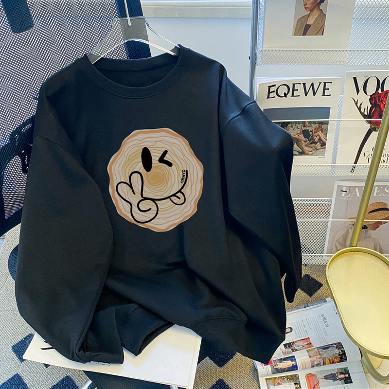 笑脸卫衣女2025新款秋冬季加绒宽松圆领大码胖mm保暖上衣印花潮牌