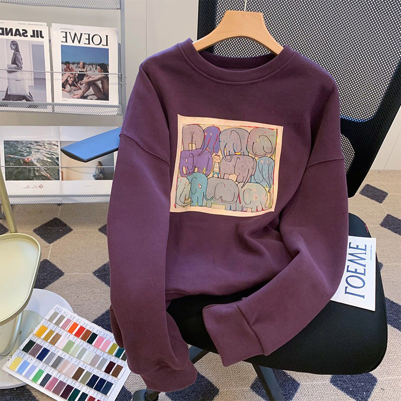 加绒慵懒风圆领男女卫衣2025春秋薄款宽松设计感小众早秋大码上衣