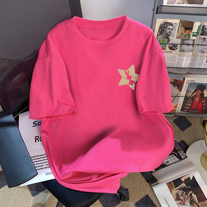 捡漏清仓~兔子玫红色短袖T恤女装夏季宽松体恤小个子百搭时尚上衣