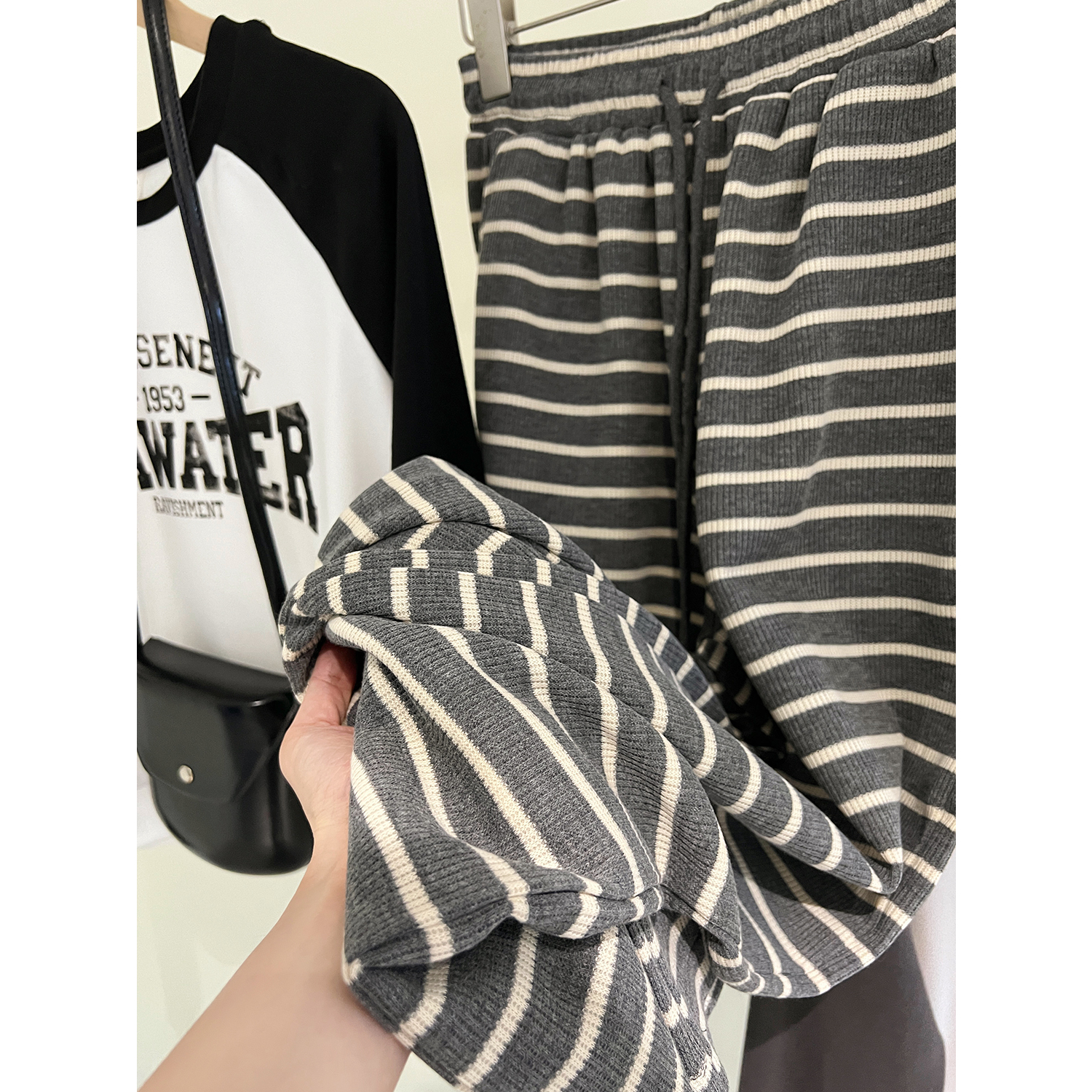 长裤女撞色条纹休闲裤子女秋季高腰窄版阔腿裤小个子直筒宽松垂感