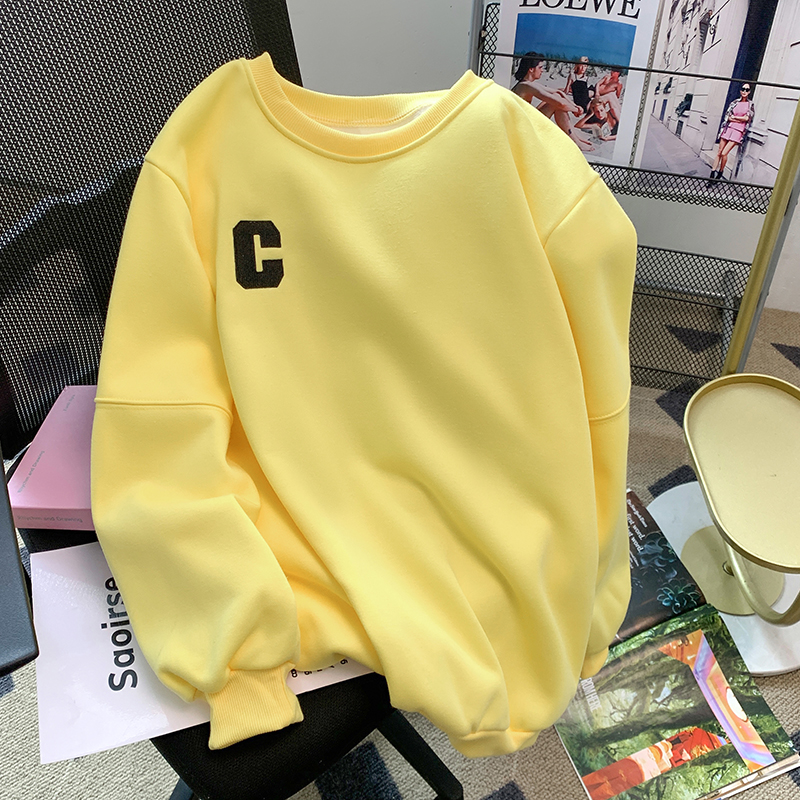 多巴胺黄色圆领卫衣女宽松加绒字母慵懒风显瘦上衣秋冬季情侣时尚