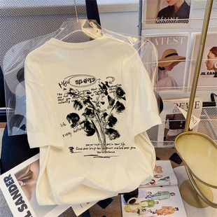 捡漏干枯玫瑰花别致纯棉短袖T恤女ins盐系慵懒风宽松百搭半袖上衣