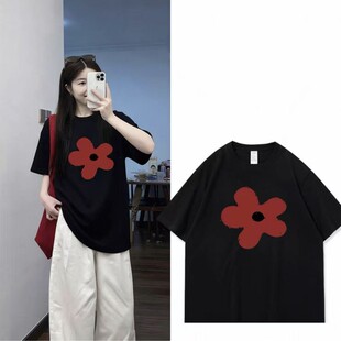 通勤 T恤男女宽松设计感黑色上衣夏季 男女通用韩版 花朵印花短袖